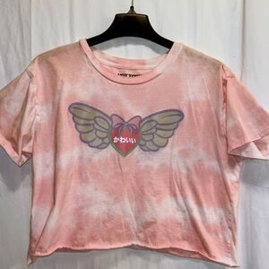 Kawaii Wings Tie-Dye Girls Crop T-Shirt, translates to "cute", Size Large